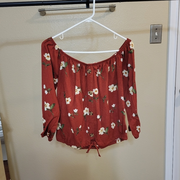 Wishful Park Tops - Wishful Park Women Floral Off Shoulder Red Long Sleeve Bardot top size Medium